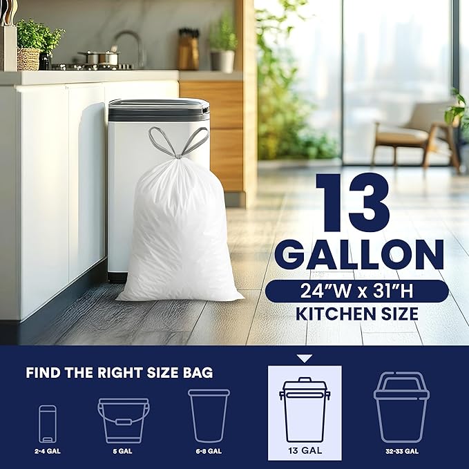 Plasticplace 13 Gallon Trash Bags â”‚ 1.2 Mil â”‚ White Drawstring Garbage Can Liners â”‚ 24" x 31", 200 Count (Pack of 1)