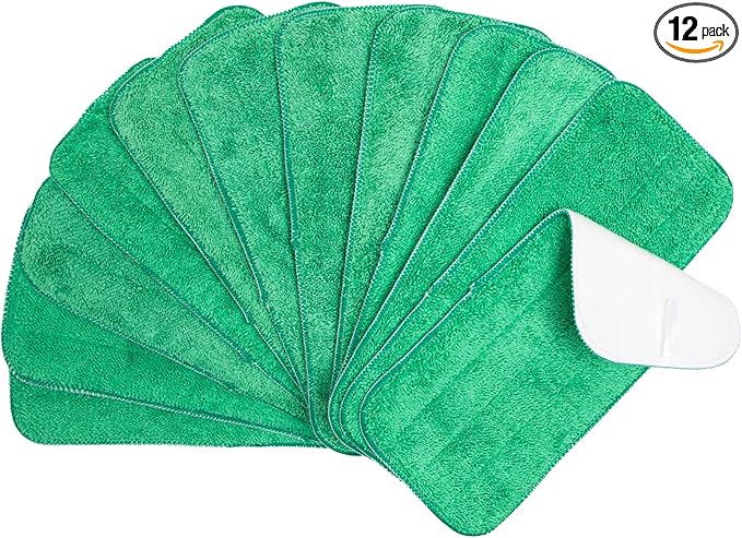 Arkwright Spray Mop Replacement Pads - (Pack of 12) Bulk Microfiber Flat Dry and Wet Refill Mop Pads Floor Cleaning, Compatible with Bona and Rubbermaid, Fits All Mop Heads, 13 in, Green