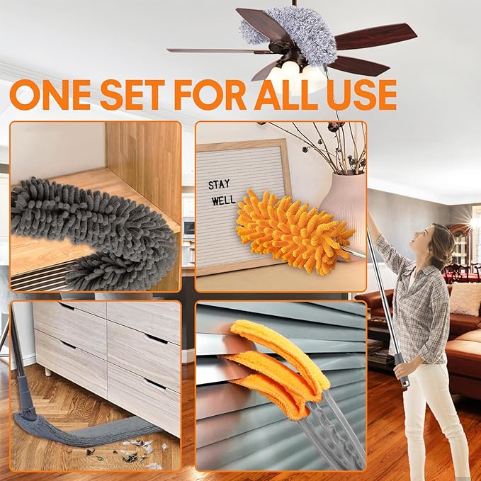 Dusters for Cleaning High Ceiling Fan, Newliton Microfiber Duster with Extension Pole 30-100" Long Handle for Ceiling Fans Blinds Cobweb Home, Orange