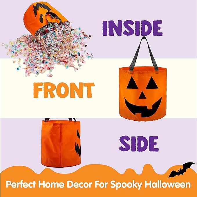JOYIN 2 PCS Halloween Trick or Treat Bags 10 x 11.8 inches LED Light Orange Pumpkin Buckets Reusable Goody Candy Bucket for Kids Trick or Treating, Halloween Birthday Party Favor Supplies