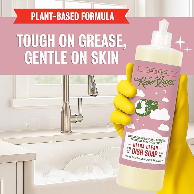 Rebel Green Super Deluxe Dish Soap - Natural Dishwashing Soap - Liquid Dish Detergent - Sustainable Dish Liquid Scented with Rose & Lemon - (16 oz Bottles, 2 Pack)