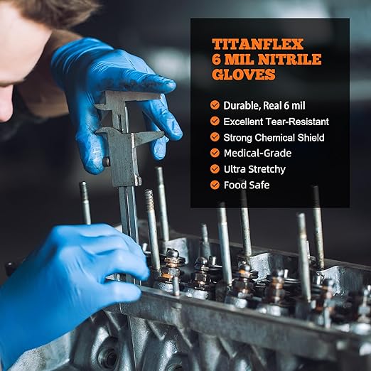 TitanFlex Nitrile Exam Gloves, Blue, 6-mil, XXL, Box of 100, Heavy Duty Nitrile Gloves Disposable Latex Free, Powder Free, Medical Gloves, Cooking Gloves, Mechanic Gloves, Cleaning Gloves