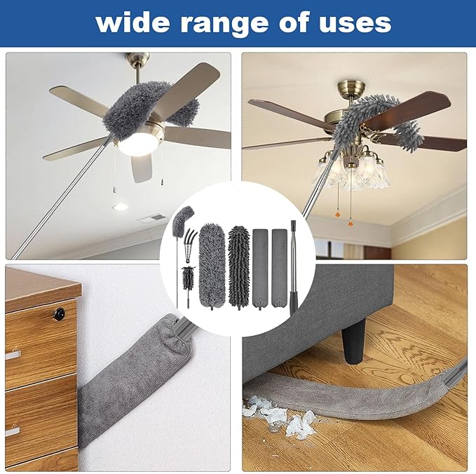 FUUNSOO Microfiber Feather Duster, Duster with Extension Pole 30-100 Inches,Ceiling Fan Cleaner Duster Retractable Gap Dust Brush Cleaner for Cleaning Cobweb,High Ceiling,Blinds, (Dark Gray)