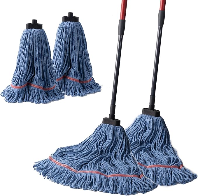 Matthew Large Commercial&Residential Mop Heavy Duty Industrial Mops w/Screw-on handle(Fit Standard American Screw)Looped-End String Wet Cotton Mops for Home,Office,Warehouse - 2 Set&2 Mop Replacements