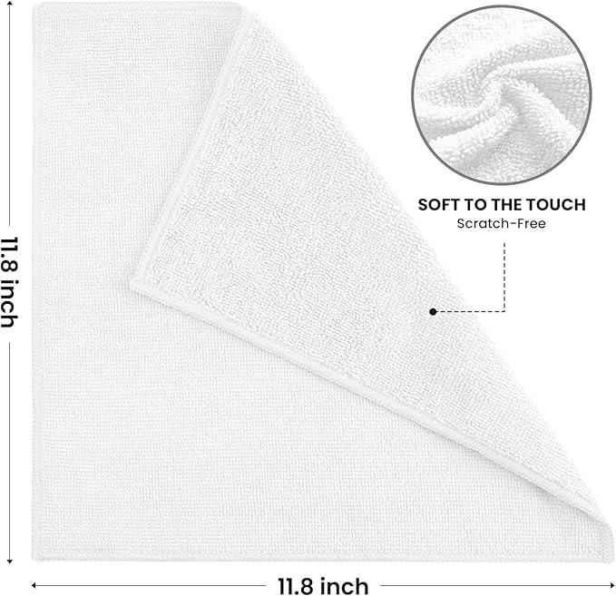 Microfiber Cleaning Cloth, 12 Pack Lint-Free and Highly Absorbent Rags, White Reusable Microfiber Towels for Car, Kitchen, Bathroom and Household Cleaning Supplies, 11.8"X11.8"