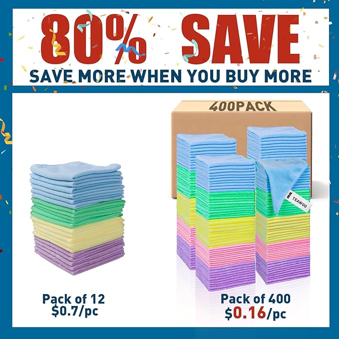 Microfiber Towels Bulk-400 Pack, Cleaning Cloths, Microfiber Towels for Cars, Cleaning Rags 5 Colors Assorted (12x12 inches)