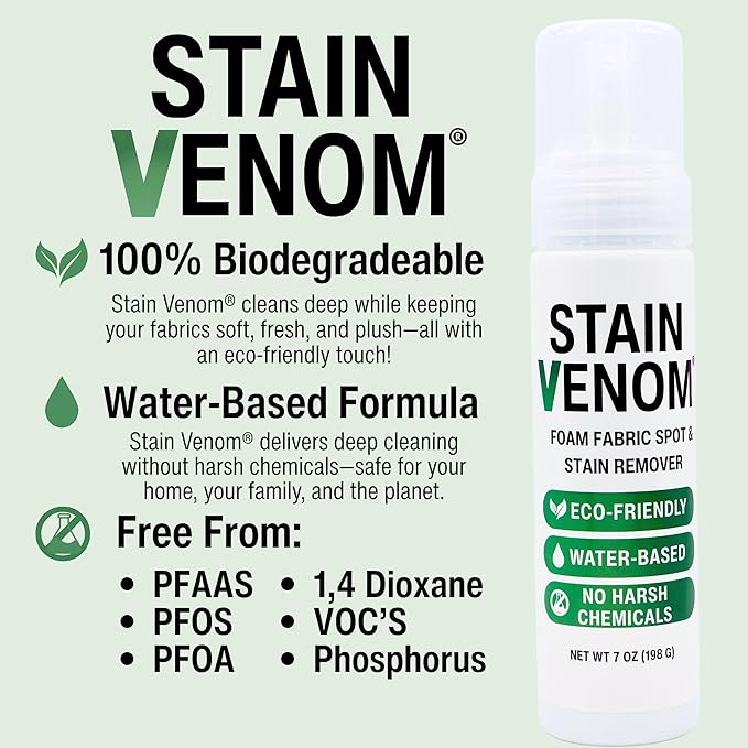 Foam Multi-Use Laundry and Fabric Stain Remover - 7 oz Bottle - Free From PFAAS, PFOS, PFOA, VOC’s, And 1,4 Dioxane- Works On Fresh Pet Stains, Red Wine, Blood, Lipstick, Motor Oil, Coffee