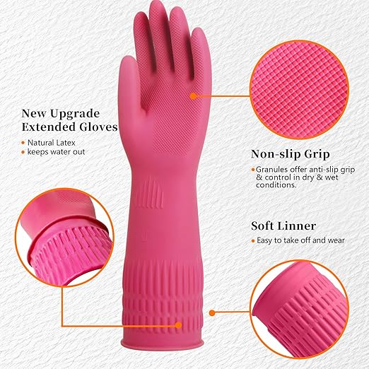 Rubber Gloves for Cleaning – 3 Pairs Reusable Gloves for Dishwashing, Kitchen and Household Tasks, 15-Inch Long, Non-Slip and Waterproof (Large)