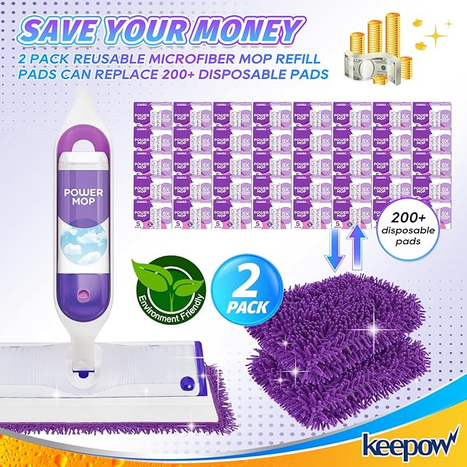 KEEPOW 10 Pack Reusable Pads for Swiffer Power Mop, Refill Pads for Swiffer Power Mop Wood Floor Cleaning, Microfiber Mop Pads for Hardwood Floors
