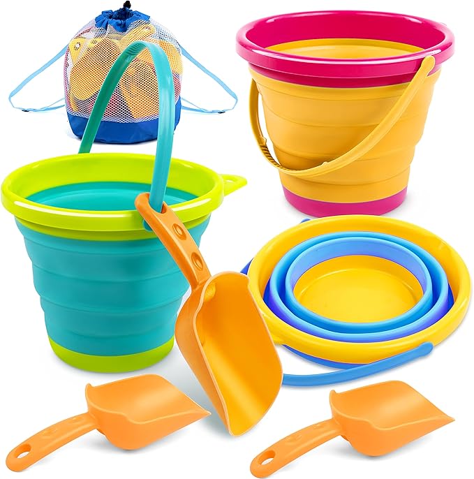 JOYIN 3 Packs Foldable Pail Bucket with Shovels & Mesh Bag, Collapsible Buckets Multi Purpose for Beach, Camping Gear, Beach Party, Fishing, and Fun Summer Activities (Yellow/Blue/Green)