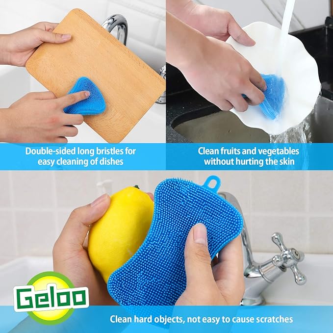 Geloo.Silicone Sponge Dish Brush, Double Sided Cleaning Brush for Dishes, Kitchen Gadgets and Accessories (3 Pack)