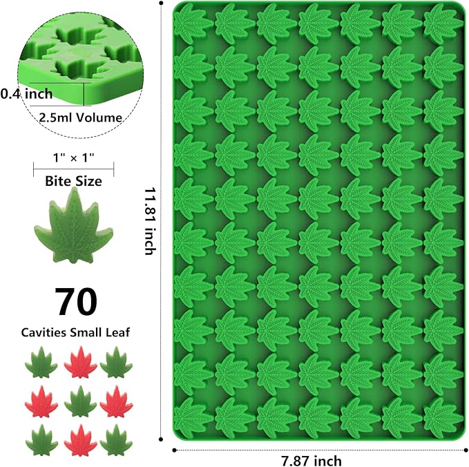 Marijuana Cannabis Hemp Leaf Silicone Molds with 70 Cavities Shaped for Pot Chocolate Candy Gummy, with Baking Scraper