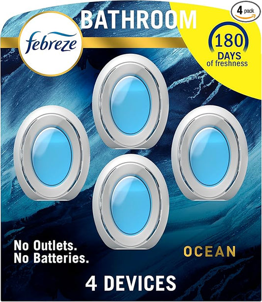 Febreze Bathroom Air Freshener, Odor-Fighting, Plug In Alternative, Air Fresheners for Home and Bathroom and Kitchen, Closet Air Fresheners, Ocean Scent, 4 Count - (Packaging May Vary)