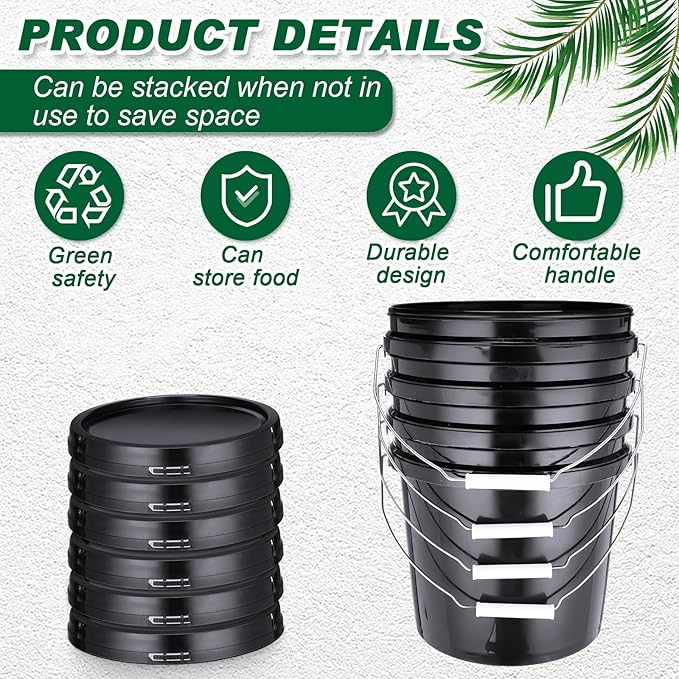 6 Pack 2 Gallon Plastic Bucket with Lid Heavy Duty Pail with Metal Handle Reusable Small Multipurpose Paint Buckets Container for Food Storage(Black)