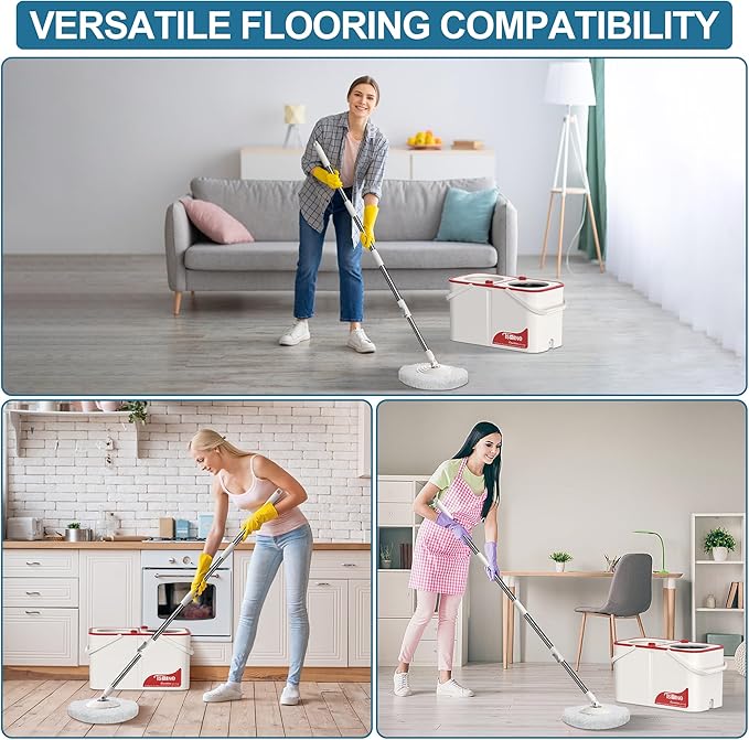 Spin Mop and Bucket,Mop Bucket with Separates Dirty and Clean Water,4-Chamber Mop and Bucket with Wringer Set for Home,Household Cleaning Tools with 6 Replacement Mop Heads,4X Wheel -White