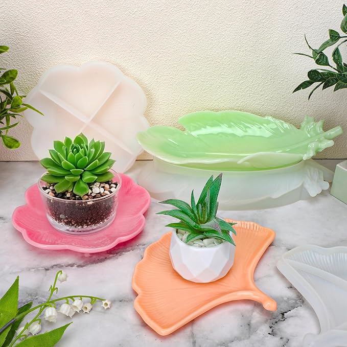 Gartful 3 Pieces Tray Resin Molds, Silicone Jewelry Dish Molds, Storage Container Epoxy Resin Casting Molds for Jewelry Ring Holders, Soap Dish, Candle Holder, 3 Large Tray(Feather&Flower&Ginkgo leaf)