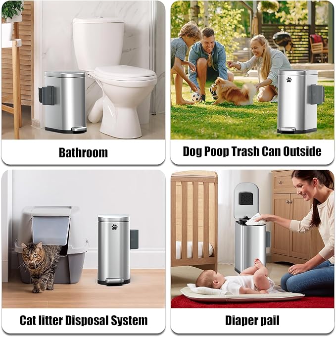 Dog Poop Trash Can Outside with Odor Control Lid & Step Pedal, 3.2Gal Stainless Steel Outdoor Trash Can, Waterproof Dog Waste Container Station - Includes Carbon Filters & Paw Stickers