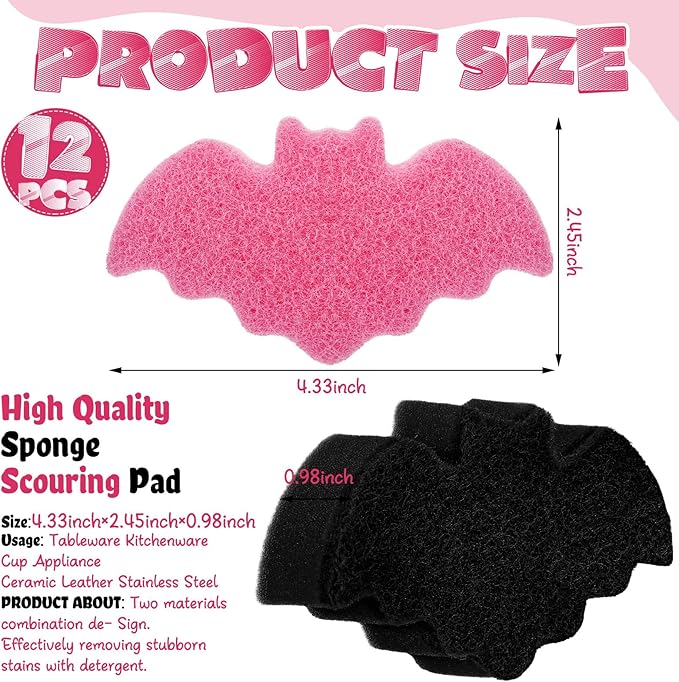 Tioncy 12 Pack Bat Kitchen Sponges Bulk Dual Sided Scrubber Sponges Dishwashing Non Scratch for Bat Kitchen Accessories Dish Scouring Black, White, Pink