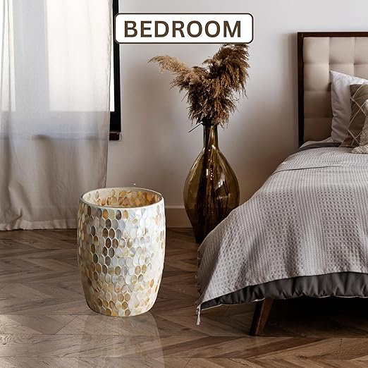 Escenzy Natural Shell Bathroom Trash Can Mosaic Glass 5L | Decorative Small Garbage Can | 7" x 10" | Luxury Waste Basket for Restroom, Office, Bedroom & Kitchen | Shiny Glass Bathroom Accessories