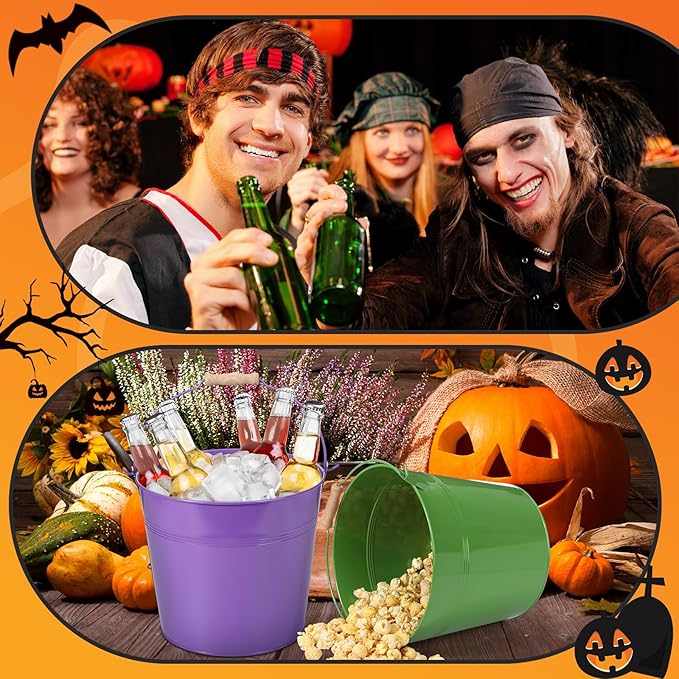 12 Pcs Large Galvanized Metal Buckets with Handle 10 Inch Heavy Duty Stainless Steel Pails Round Pail for Party Wedding, Crafts, Utensils, Table Centerpieces (Halloween Color)