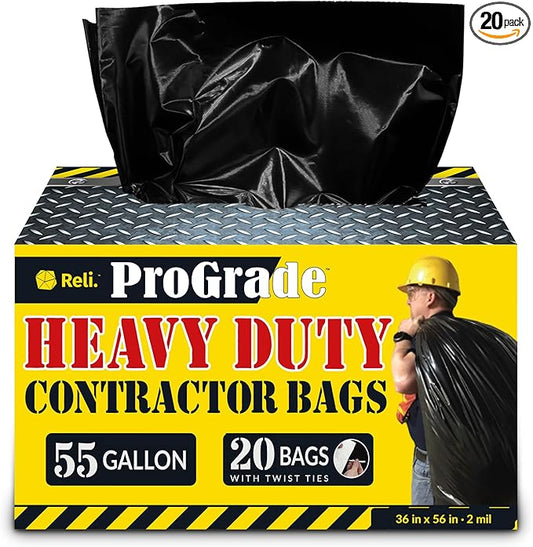 Reli. Contractor Garbage Bags 55 Gallon | 20 Trash Bags | Heavy Duty | Black Contractor
