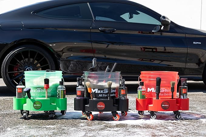 Maxshine Bucket Dolly, Rolling Utility Cart 5-Gallon, Green, Polypropylene, 5 Wheels, Tool Organizer | 360° Mobility, Stable Cleaning Supply Storage for Detailing and Workshop Use