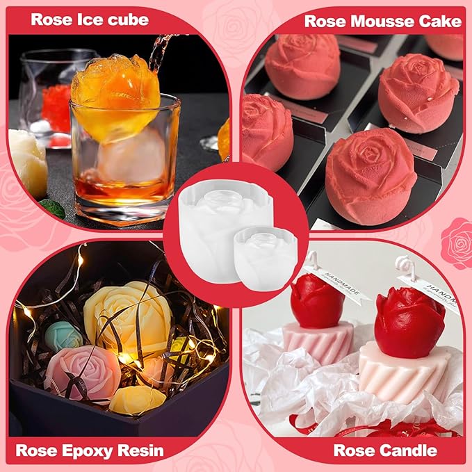 2 Pack Rose Candles Molds for Candle Making, 3D Rose Flower Silicone Molds for DIY Epoxy Resin Casting Handmade Soap Ice Valentine's Day Mother's Day Marriage Proposal Theme Home Decor