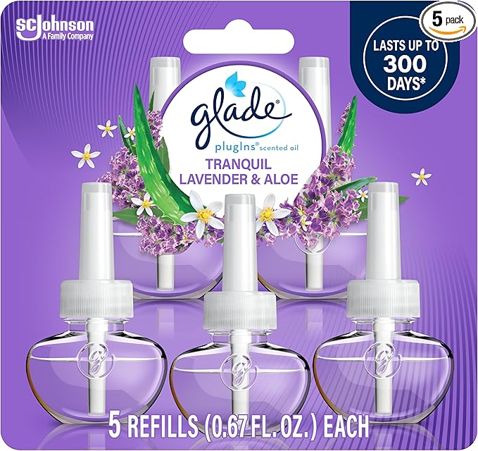 Glade PlugIns Refills Air Freshener, Scented and Essential Oils for Home and Bathroom, Tranquil Lavender & Aloe, 3.35 Fl Oz, 5 Count