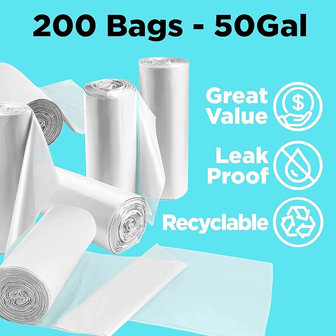 ToughBag 50 Gallon Trash Bags Heavy Duty, Clear Trash Bags (200 COUNT) - Made in USA