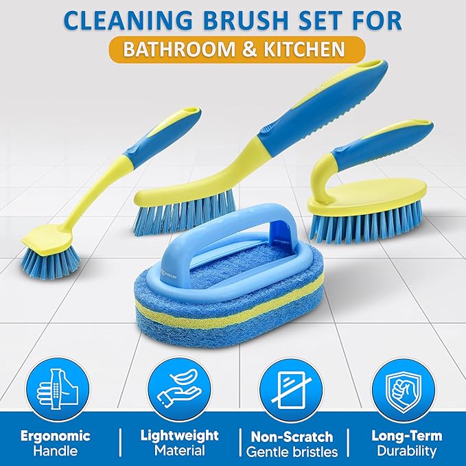 Scrub Brush Set for Bathroom Kitchen Bathtub Toilet Deep Cleaning Brush Tools All Purpose Cleaner Sponge Scrubbing Brushes with Ergonomic Handle, 4-Piece