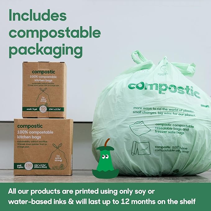 Compostic Home Compostable Trash Bags, 3 Gallon Small Kitchen Rubbish Bags (17” x 17.7”), Extra Strong & Quickly Breaks Down, 50 Count