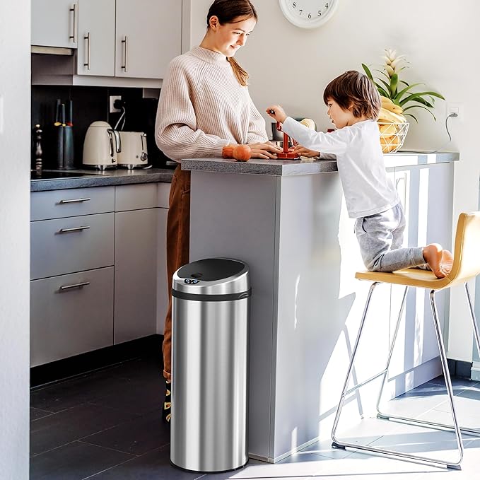 iTouchless 13 Gallon Sensor Garbage Can with Odor Control System, Stainless Steel, Round Touchless Automatic Trash Bin for Kitchen and Office
