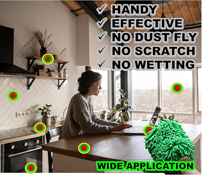 Green Chenille Microfiber Dusting Mitt, 10.5x8 Inch, Electrostatic, Reusable, Scratch-Free, No-Dust Fly Duster for Sensitive Surfaces