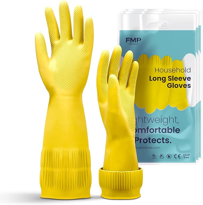 FMP Brands 3/6/12/60 Pairs 15 Inch Extra Long Rubber Dishwashing Gloves - Non-Slip for Cleaning, Kitchen, Bathroom, Gardening