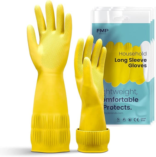 FMP Brands 3/6/12/60 Pairs 15 Inch Extra Long Rubber Dishwashing Gloves - Non-Slip for Cleaning, Kitchen, Bathroom, Gardening