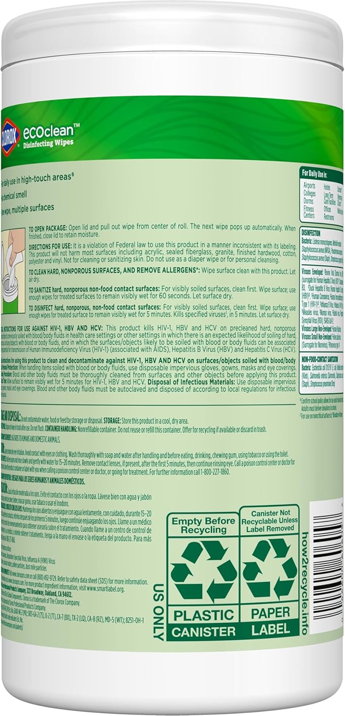 CloroxPro Clorox EcoClean Disinfecting Wipes, Multipurpose 100% Plant Based Cleaning Cloths, Antibacterial Disinfectant, Safe for Multi Surface Use, 75 Count