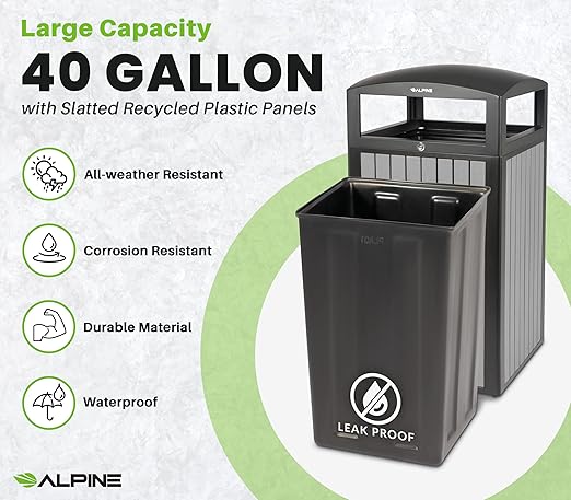 Alpine 40 Gallon Commercial Outdoor Trash Can with Lid - Modern Heavy Duty Large Outdoor Garbage Can with Durable Plastic Bin, Slatted Recycled Plastic Panels for Patio, Parks, Trails & Resorts (Grey)