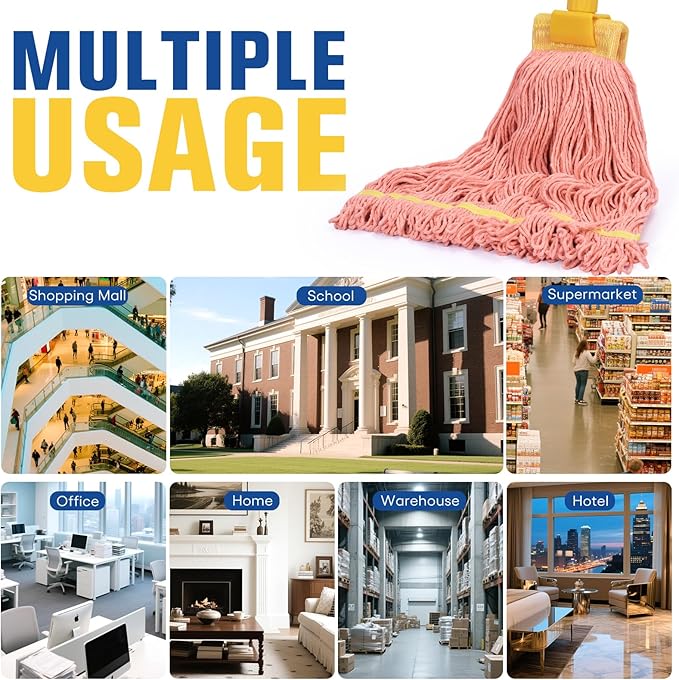 Matthew Cleaning Commercial Mop Head Replacement, 5 Inch Wide Headband, Looped End Cotton Blend String Wet Mops for Floor Cleaning, 24 oz Large, 6-Pack Orange