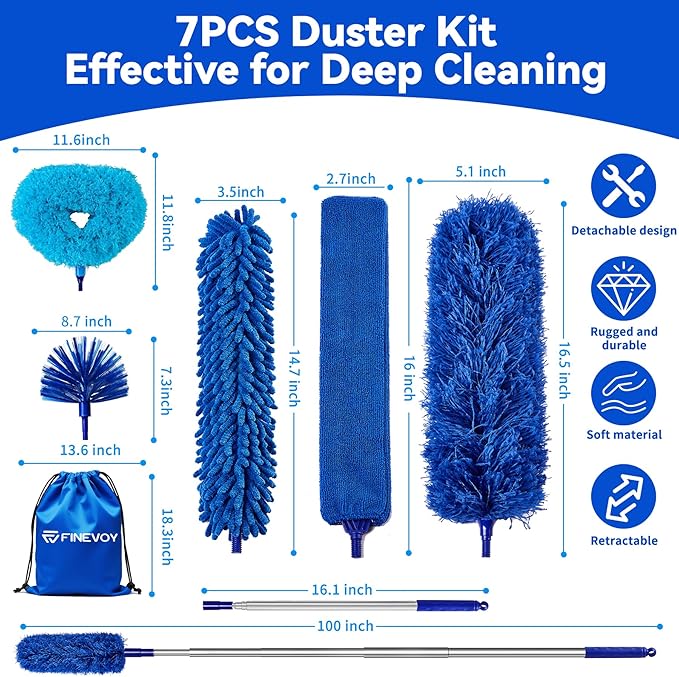 Dusters for Cleaning, Duster with Extension Pole 7 in 1 Kit, Ceiling Fan Cleaner Duster Cobweb Duster, Long Dusters for High Ceilings, Microfiber Dusters for Ceiling Fan, Blinds and Furniture