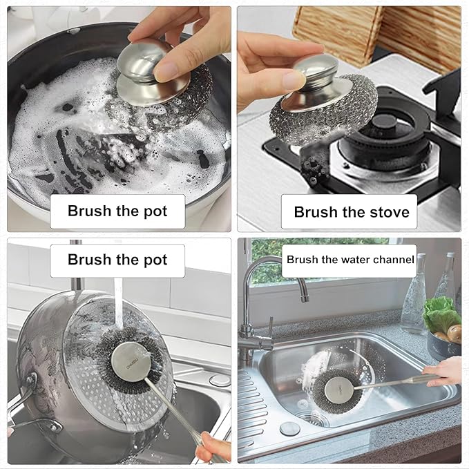 Stainless Steel Wool Scrubber Set, Long Handle & Handle Brushes,Metal Brush for Pots, Pans, Grills & Cutlery Cleaning (3 Pack)
