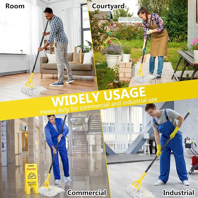 Beyoco Heavy Duty Commercial Mop Industrial Cotton Mop with Long Handle,Looped-End String Wet Mops for Home,Garage,Office, Workshop, Warehouse Floor Cleaning, 2 Pack,Yellow