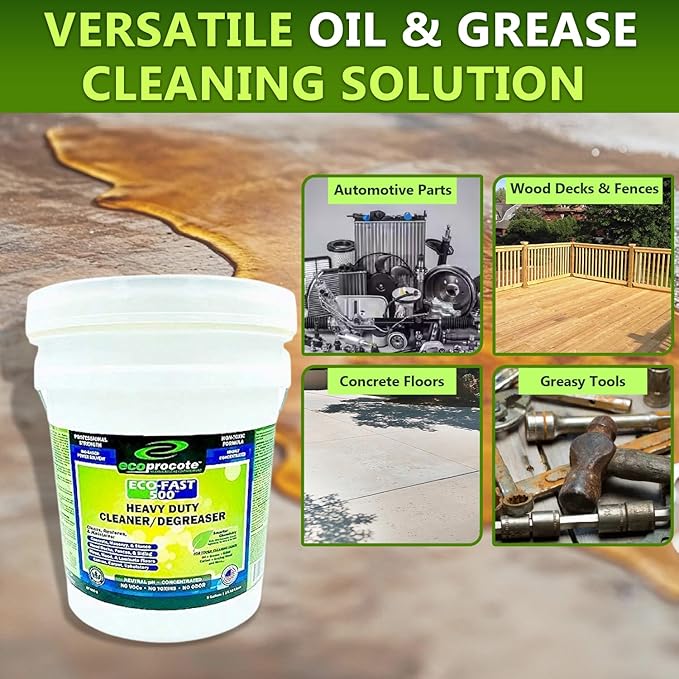 EcoFast 500 New & Improved Heavy-Duty Degreaser Cleaner — Non-Toxic, Biodegradable Grease Stain Dissolver — Multi Use Concentrate for Kitchen, Automotive, Floor, Wood, Fabric, Driveway — 5 Gallon