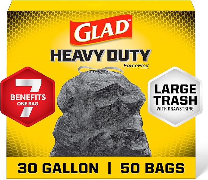 Glad Large 30 Gallon Trash Bags, Unscented Heavy Duty Garbage Bags, Forceflex with Drawstring, 50 Count (Packaging May Vary)