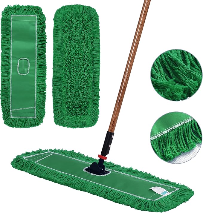 Matthew Cleaning 24'' Industrial Strength Cotton Dust Mop Refill Washable Replacement Heads for Residential & Commercial Use Fit Standard Dust Mop Frames, Hardwood,Concrete Floors Green 12 Pack