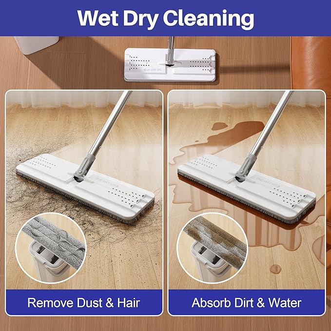 Mop and Bucket Set, Flat Mops for Floor Cleaning, Wall Mop with 60" Extensible Handle, Hardwood Floor Mop with 2 Microfiber Pads