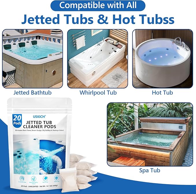 USKICH Jetted Tub Cleaner Bathtub- 20 Pods Jet Bathtub Cleaner,Jetted Tub Cleaning Solution Compatible with Spa Bath & Whirlpool,Septic Safe Bath Jet Scale and Residue Remover-1＋Year Supply