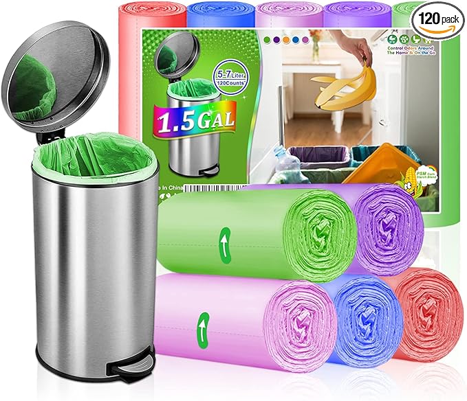 1.5 Gallon Trash Bags Small Bathroom Garbage Bags, Unscented Wastebasket Liners, Strong Kitchen Garbage Bags Colorful Bin Bags for Office, Bedroom,Living Room (5Liter, 120 Counts)