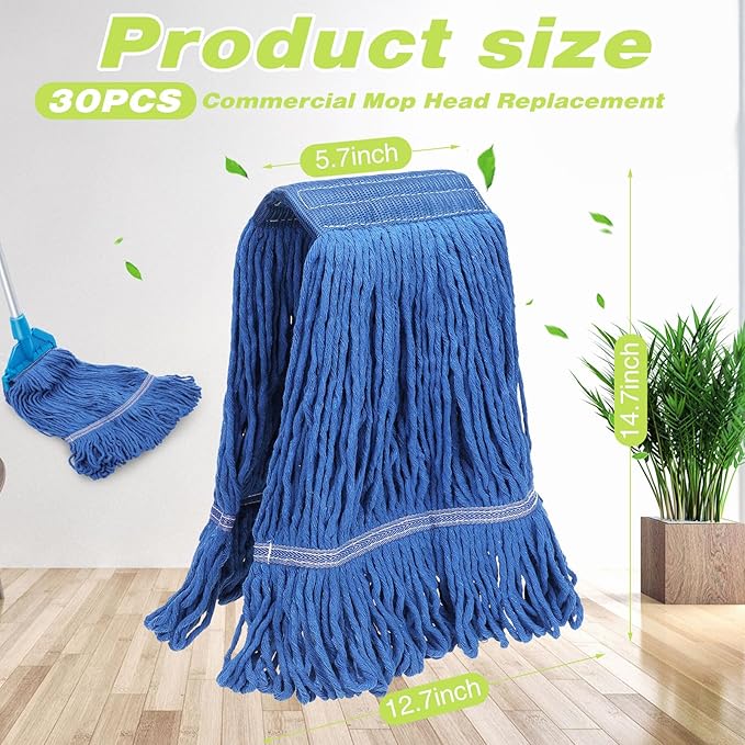 Roshtia 30 Pieces Commercial Mop Head Replacement Floor Cleaning Wet Mop Heads Heavy Duty Large Cotton String Sweeper Refills for Industrial Home Use(Blue)