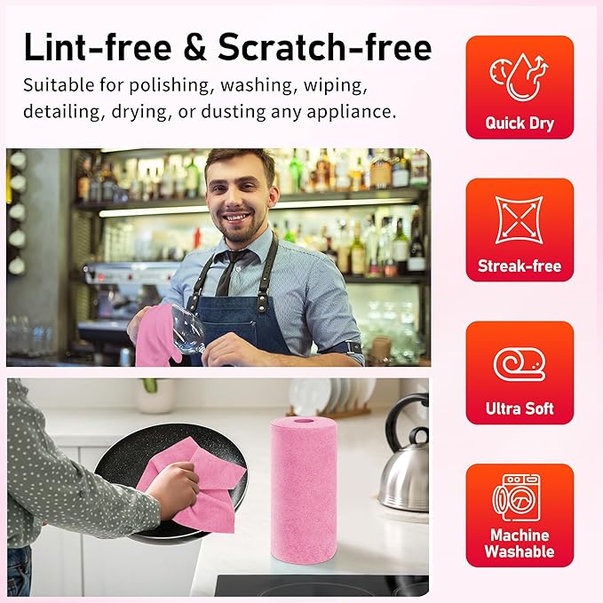 HOMERHYME Microfiber Cleaning Cloth Roll, 75 Pack Tear Away Microfiber Towel, Reusable Washable Shop Towels, Lint Free Cleaning Rags for Car Home Kitchen Garage & Automotive 11.5"x11.5" Pink