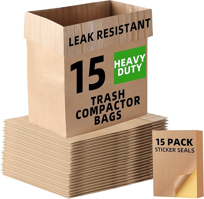 (15-Pack) Calvana Super Strong Compactor Bags, Heavy-Duty Kitchen Paper Trash Bags with Leak Proof Plastic Liner, Fits GE Model Compactors with Rectangular Containers, Includes 15 Sticker Seals